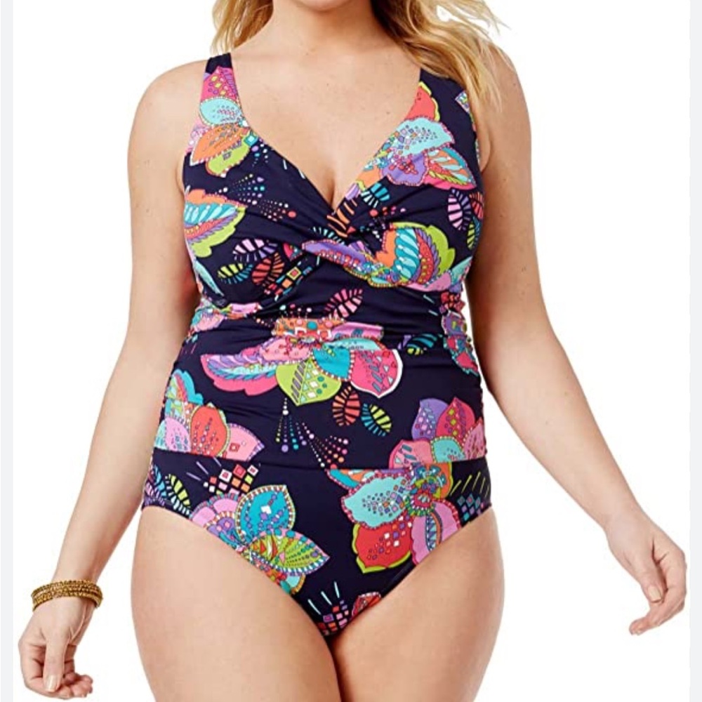 Anne Cole Tropic Stamp‎ Twist Front Underwire One-Piece Swimsuit. Size 22W.